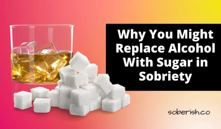 A glass of whiskey sits behind several sugar cubes. The title reads Why you might replace alcohol with sugar in sobriety