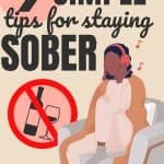 A cartoon graphic of a woman sitting in a chair listening to music in headphones. The title says "9 simple tips for stay sober"