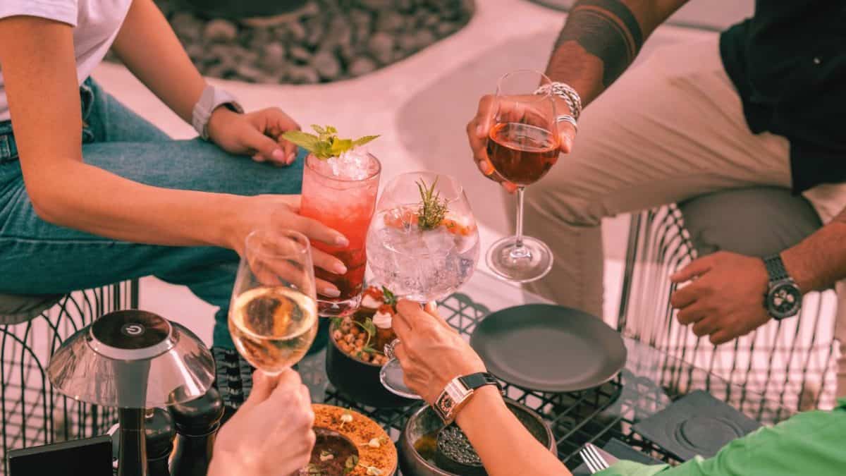 A group of people sit around binge drinking and clink their glasses together