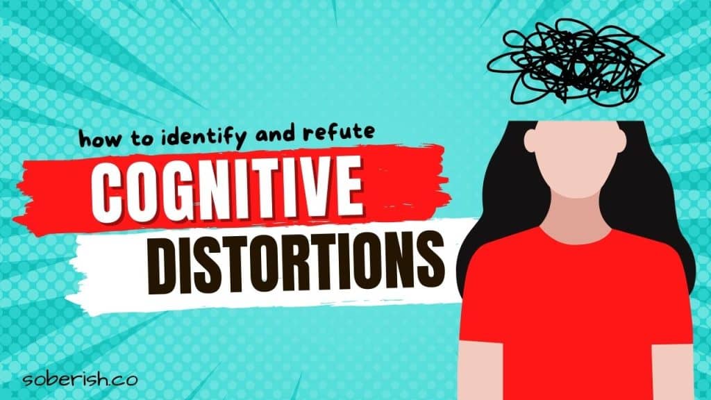 A graphic of a woman whose brain is replaced by scrambled pencil squiggles. The title reads "how to identify and refute Cognitive Distortions"