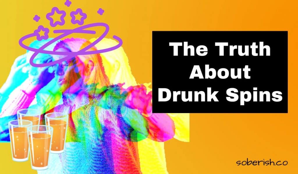 A pixelated, multi-colored woman who appears visibly dizzy has stars above her head and bottles of alcohol in front of her. The title reads "The Truth About The Spins" and the URL reads soberish.co