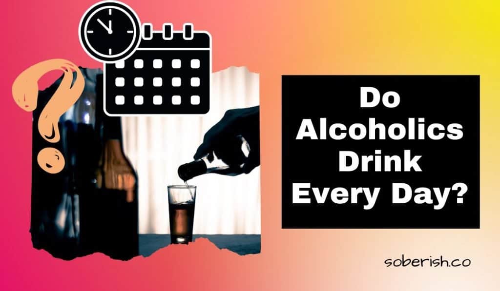 A ripped image of a hand pouring alcohol into a shot glass. There is a graphic calendar marking the days beside a question mark. The title reads Do alcoholics drink every day?