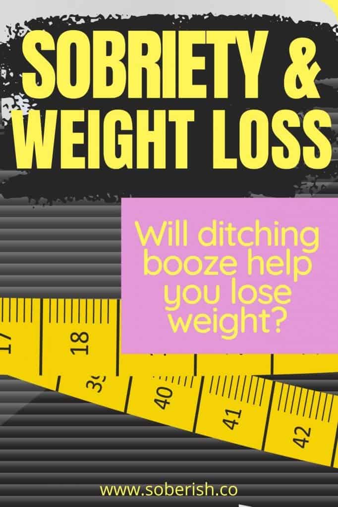 An up close image of a scale with a measuring tape wrapped around it. The title reads "Sobriety and Weight Loss: Will ditching booze help you lose weight?"