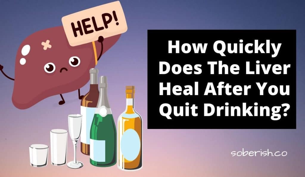 A graphic of an injured liver holding up a help sign standing behind bottles of alcohol. The title reads How quickly does the liver heal after you quit drinking?