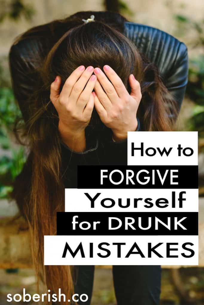 Woman sitting on bench with her head in her hands in shame behind the title How to forgive yourself for drunk mistakes