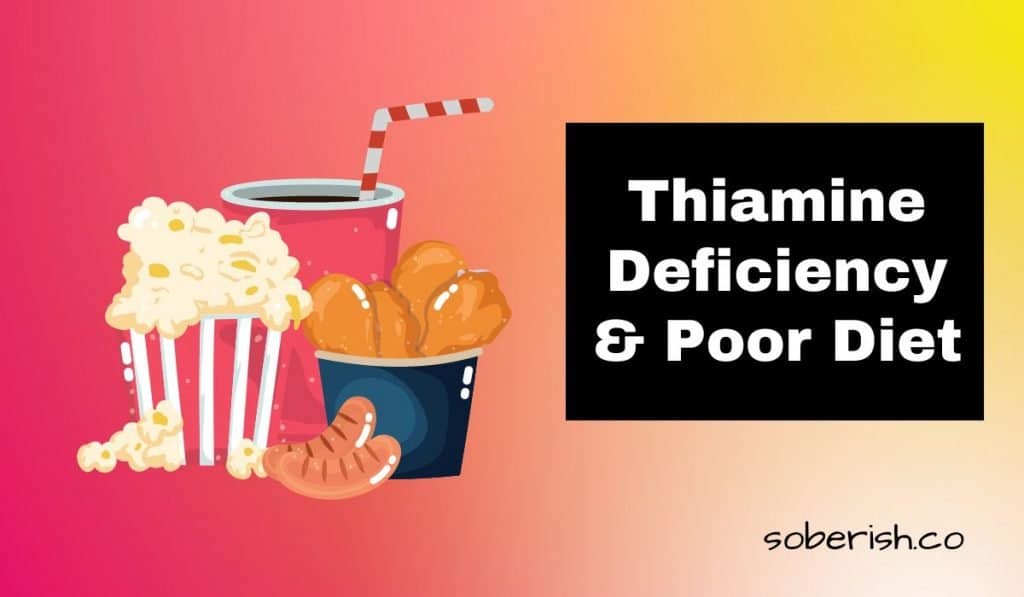 A graphic of unhealthy food like movie theater popcorn, chicken nuggets, hot dogs, and soda. The title reads Thiamine Deficiency & Poor Diet. The URL reads soberish.co