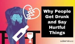 woman in blue-scale with her head in her hands sits on a cartoon bench. There is a white graphic of a broken heart and a white graphic of a wine bottle and glass. The title says Why people get drunk and say hurtful things. The URL says soberish.co