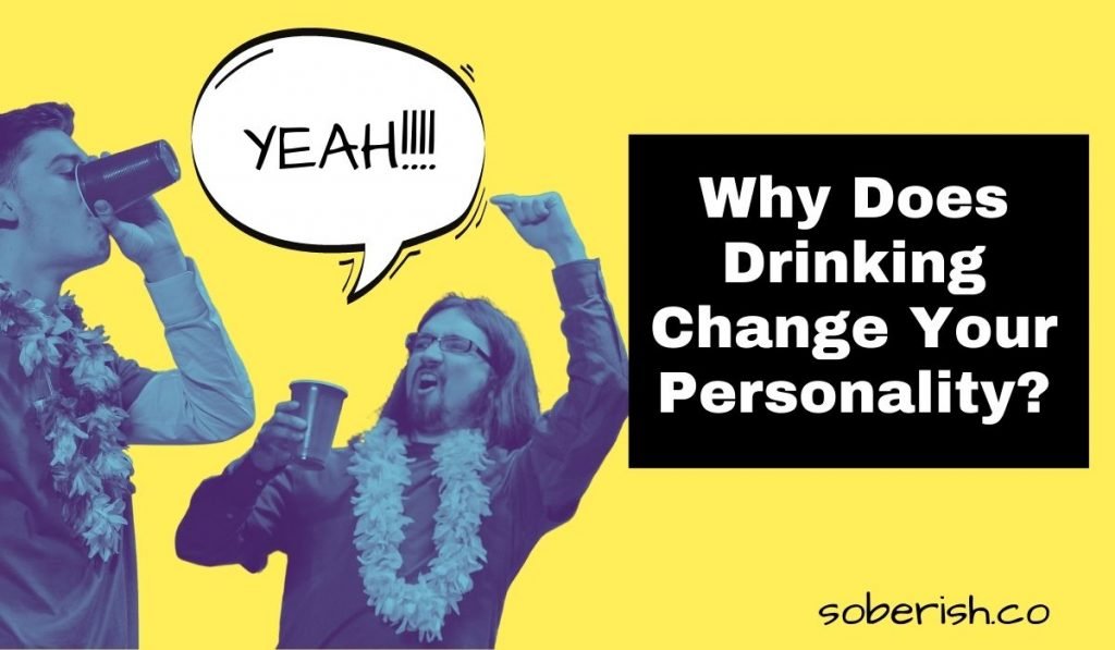 Two men are drinking out of solo cups while one yells YEAH!!! at the other. Both are wearing lays and appear to be drunk. The title says Why does drinking change your personality?