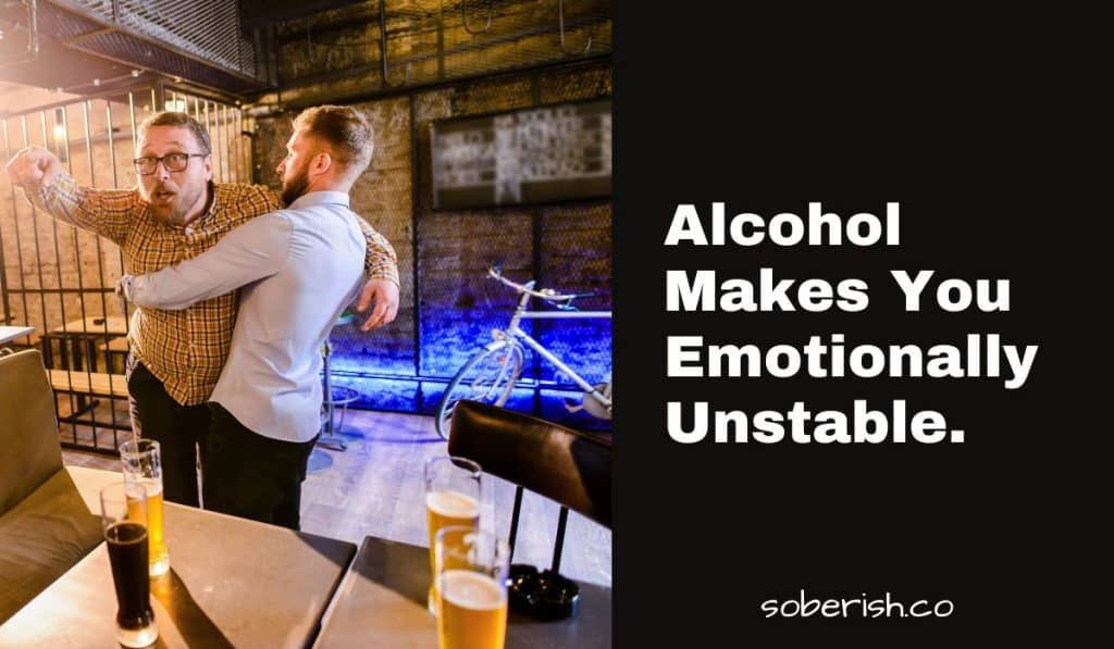 Drunk man at a bar in plaid shirt pointing his finger angrily while his friend holds him back. He's ready to fight. The title is surrounded by a black box. It reads Alcohol makes you emotionally unstable.