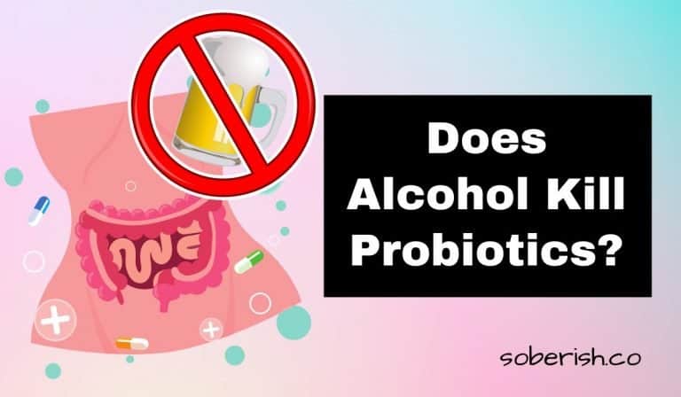A cartoon graphic of a woman's digestive tract is surrounded by healthy gut bacteria. There is a mug of beer with a red circle slash through it. The title reads Does alcohol kill probiotics?