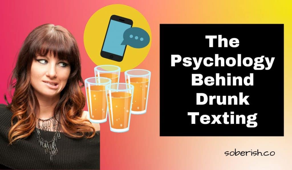 An embarrassed woman stars at four pints of beer and a text message. The title reads The Psychology Behind Drunk Texting