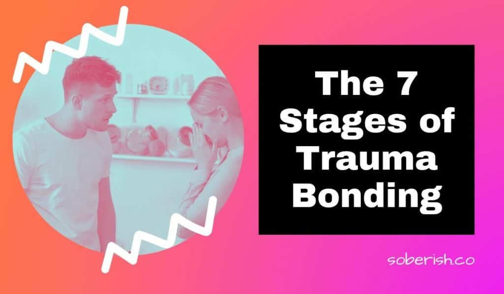 blue-scale image of a man scolding his wife while she cups her face in her hands. The title reads "The 7 Stages of Trauma Bonding"