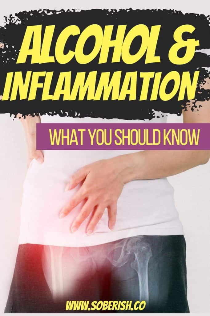 Image of a woman's midsection. She's holding her abdomen and hip, indicating pain. The title reads Alcohol & Inflammation: What you need to know