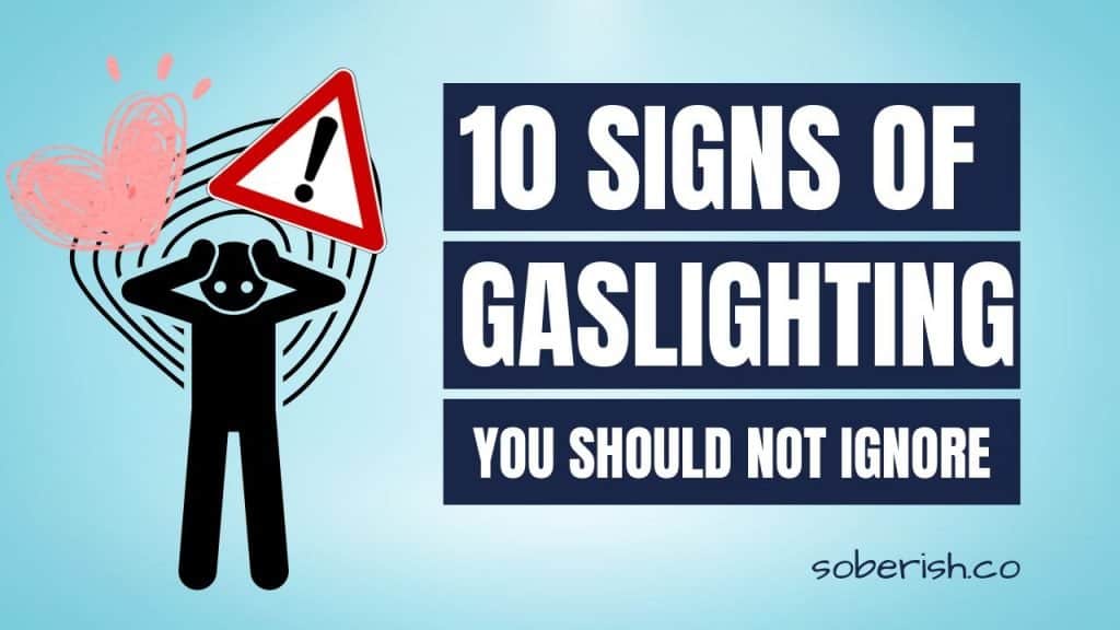 A graphic of a person holding their hands to their head while squiggly lines indicating distress swirl around them. There is a scribbled pink heart and a red warning sign competing in their head. The title reads 10 Signs of Gaslighting You Don't Want To Ignore
