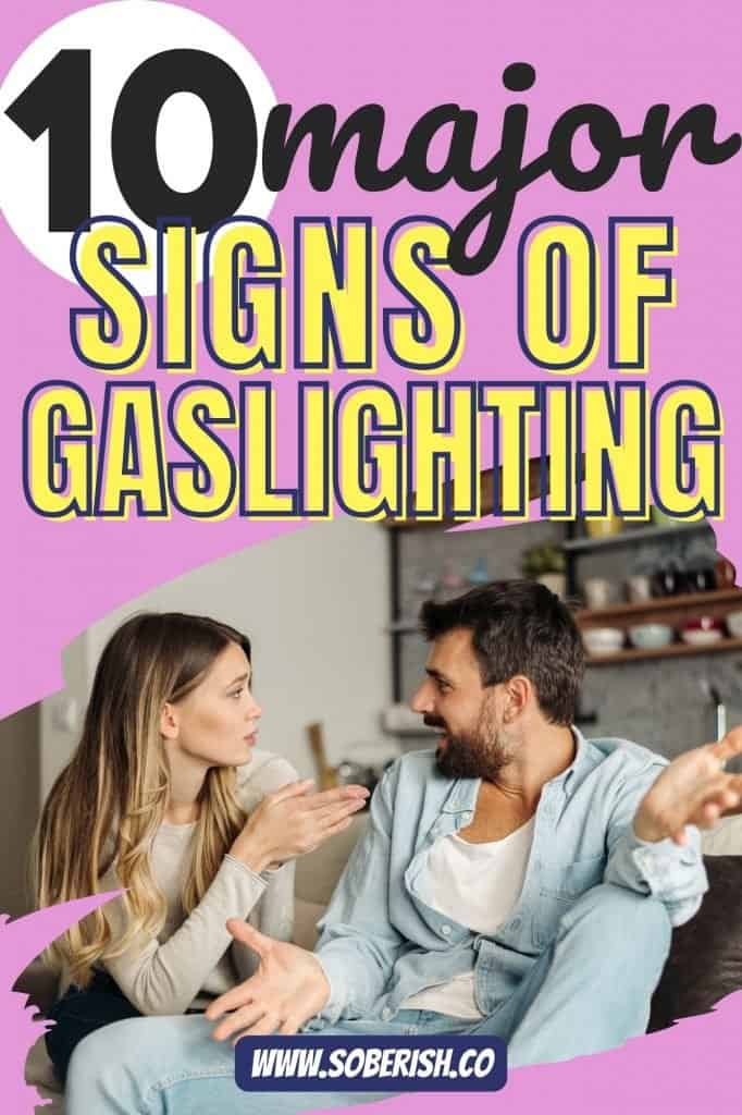 A man and woman sit on a couch and appear to be arguing. The title reads 10 Major Signs of Gaslighting