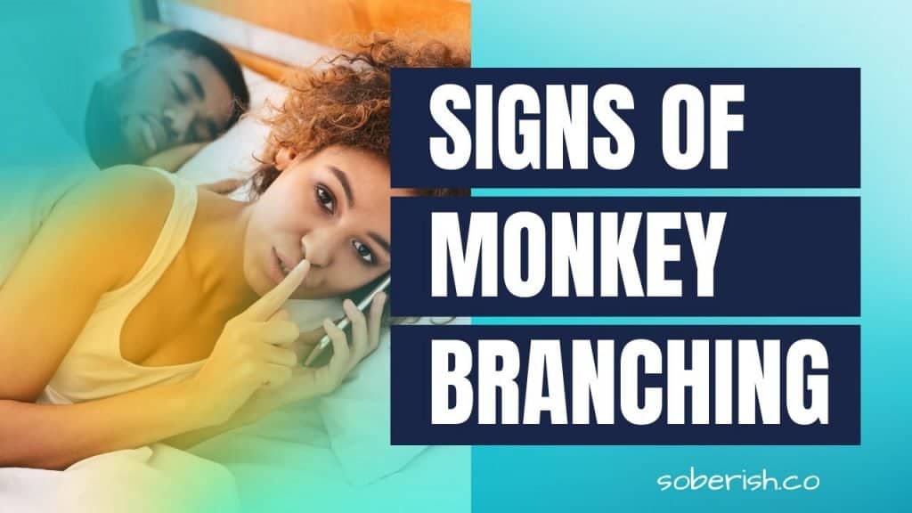 A woman talks on her phone and makes a "shh" gesture with her hands. Her husband is asleep beside her. The title reads" Signs of Monkey Branching"