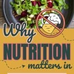 A picture of a salad and a graphic of a beer mug with a circle slash. The title reads why nutrition matters in sobriety by Soberish.co