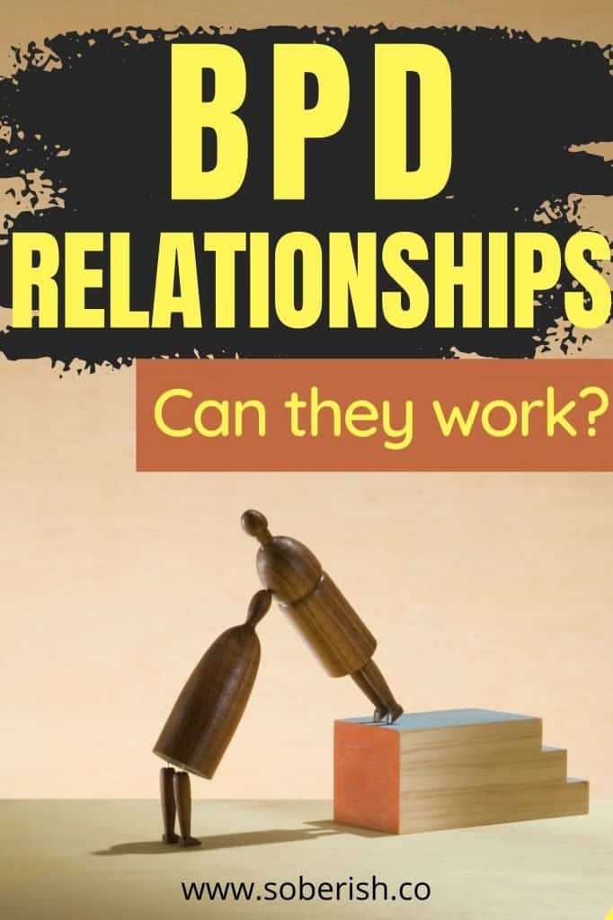 A figurine tips over and is held up by another. The title reads: BPD Relationships: Can they work?
