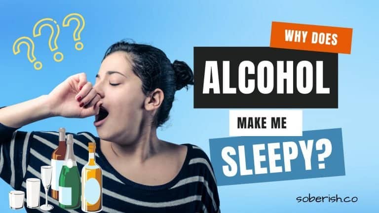 A sleepy woman yawns. There are graphics of alcohol bottles and glasses and yellow question marks. The title reads Why Does Alcohol Make Me Sleepy?