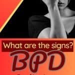 A woman covers half her face with her hand. The title reads "what are the signs of BPD splitting"