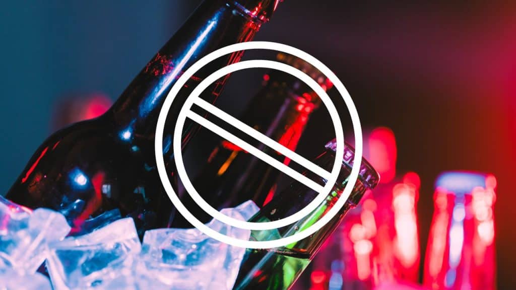 Bottles of alcohol with a white circle slash