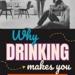 man sits on floor with bottle of alcohol. his wife is in the background with hands on hips. Title says why drinking makes you angry and moody