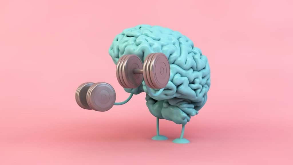 A blue brain lifting weights against a pink backdrop